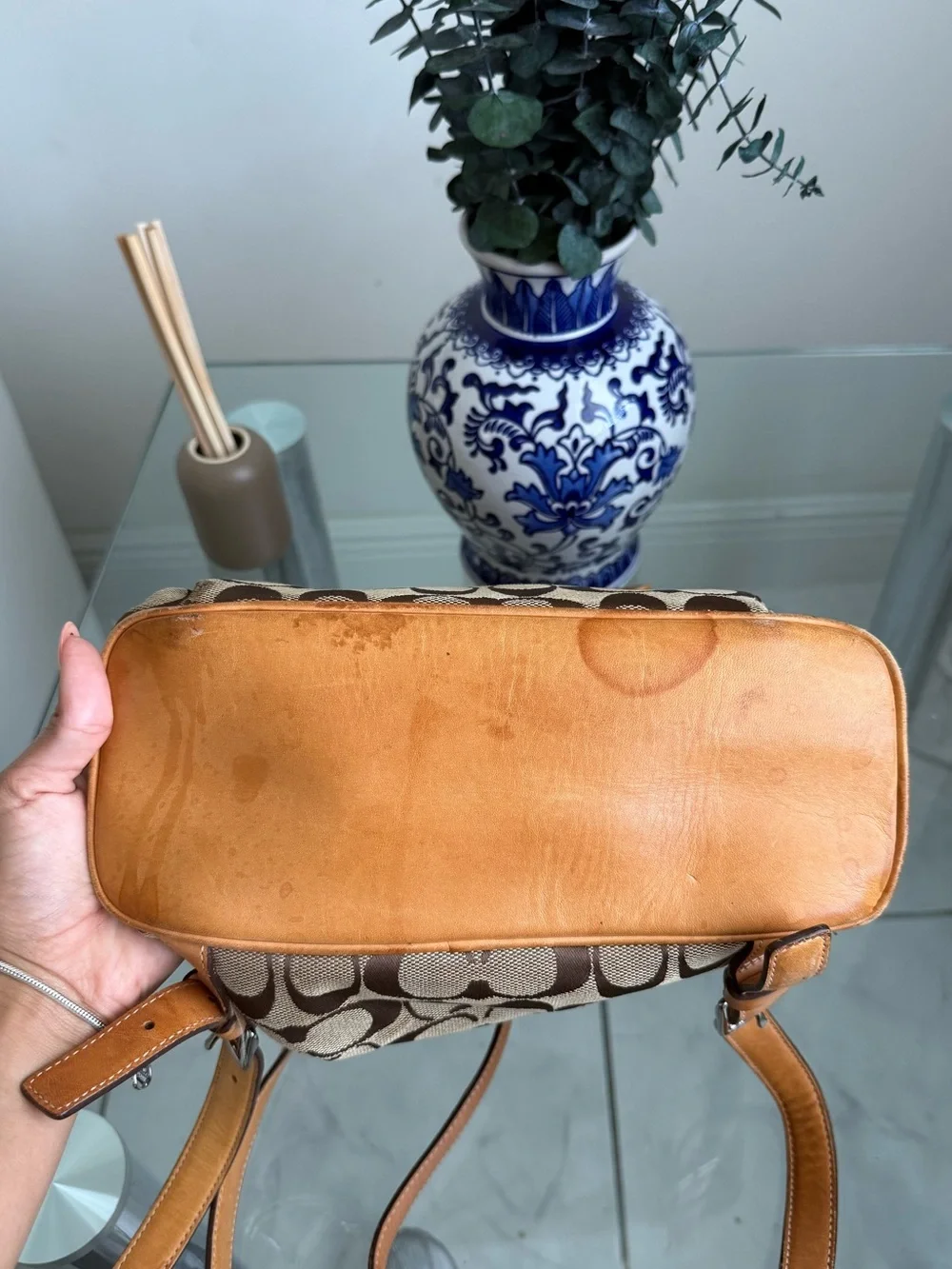 Coach Brown Signature Canvas Backpack with Tan Leather Trim